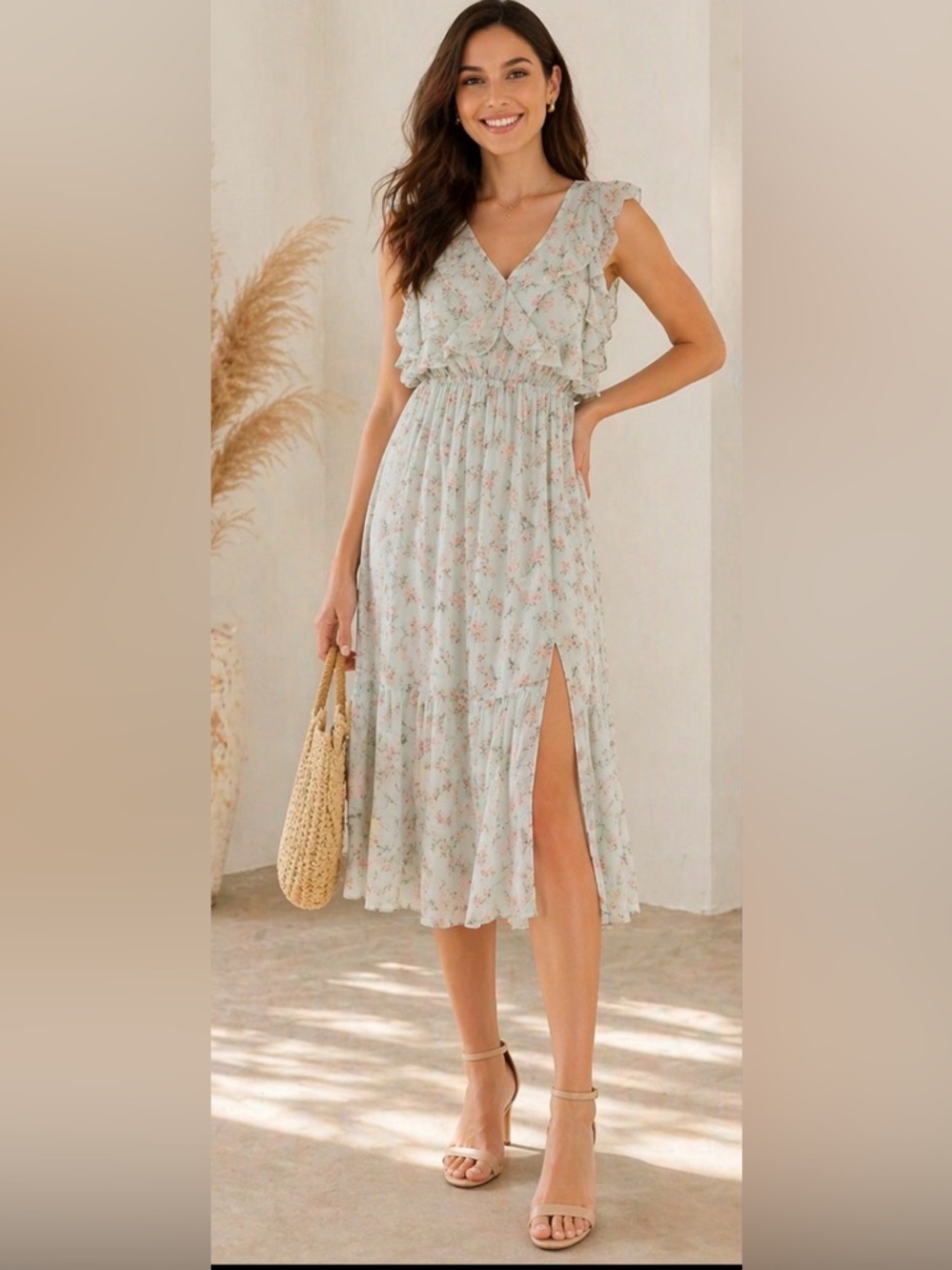 Dex NWT Ruffle Floral Midi Dress Tie Back Green Pink Size S Flowy - Picture 1 of 15